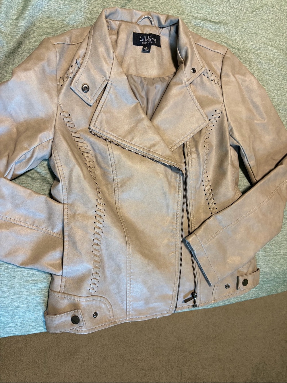 CoffeeShop Women's Light Taupe Faux Leather Moto Jacket
